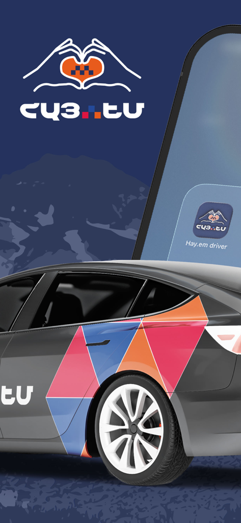Promotional image for the Hay.em Driver app featuring a branded taxi and a smartphone showing the app icon