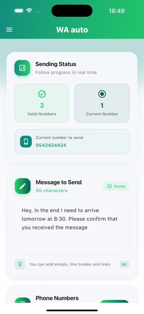 WA Auto - Interface de l'application WA Auto montrant le statut d'envoi et un aperçu du message pour la communication automatisée