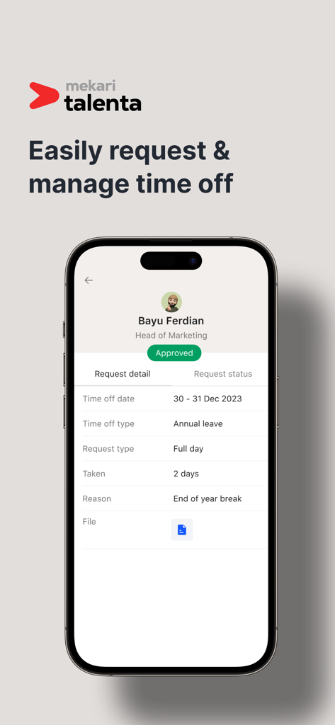 Talenta - 승인된 연차 휴가 요청 상세 정보를 보여주는 메카리 탈렌타 모바일 앱 인터페이스