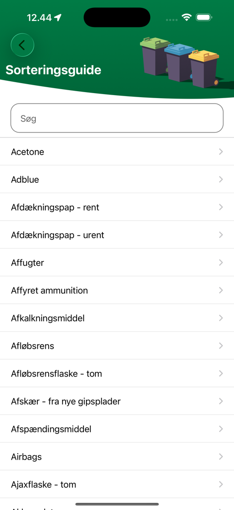 Alphabetical list of household items for waste sorting on a mobile app screen