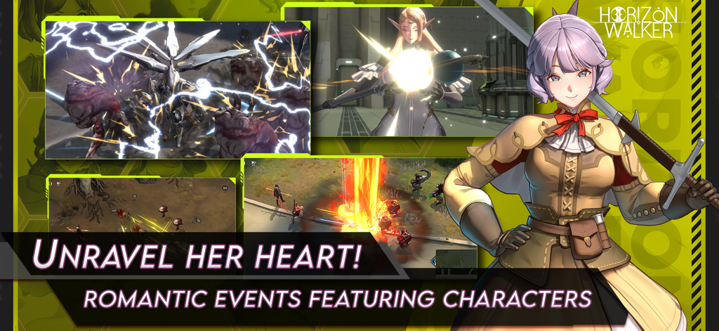 Horizon Walker - Eine Collage aus Horizon Walker Gameplay mit taktischen Kämpfen und Romanzenereignissen mit Anime-Charakteren.