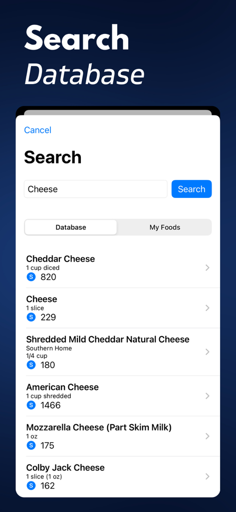 Search screen of the Sodium Tracker app showing sodium levels for various types of cheese