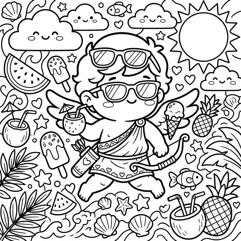 Embrace the joy of summer with this delightful Kawaii Eros God coloring page, featuring the Greek god of love in an irresistibly cute Japanese style. This charming design is packed with sunny beach elements, tropical treats, and playful patterns, perfect for a relaxing and creative escape.