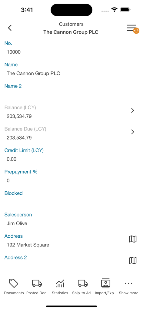 Applicazione MobileNAV che mostra i dettagli del conto cliente, incluso il saldo e le informazioni del venditore su uno schermo di iPhone.