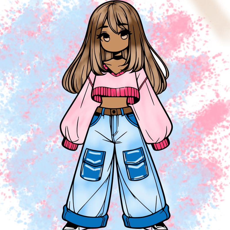 cute girl with straight hair in baggy jeans and a crop top and a sweater