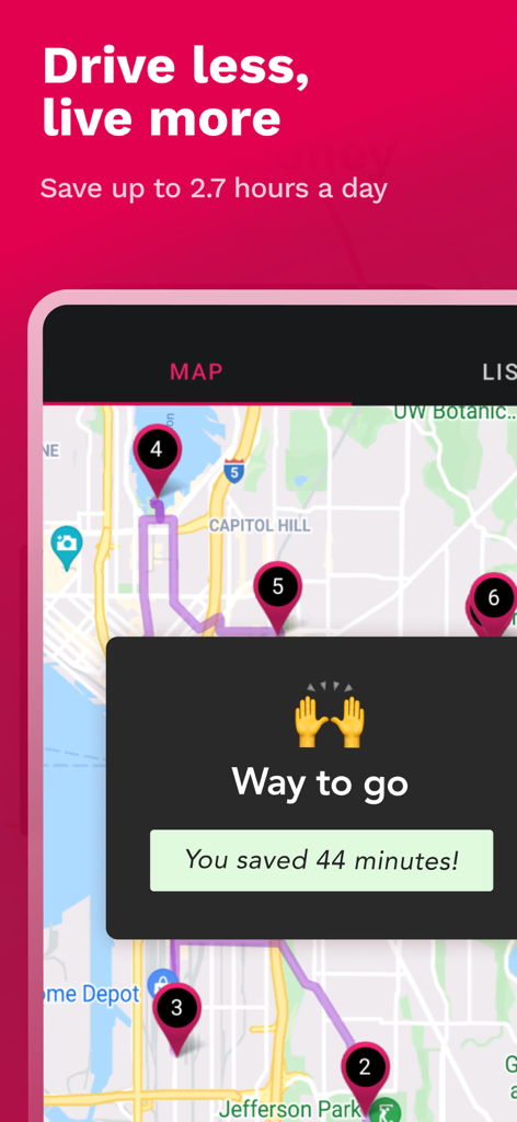 RoadWarrior Route Planner - RoadWarriorアプリのインターフェース。ルート最適化マップと44分の時間節約通知を表示。