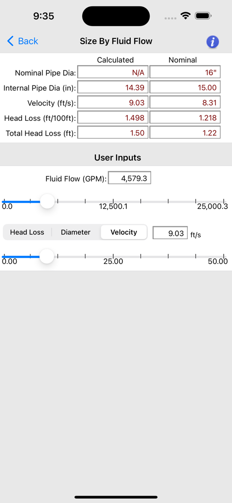 HVAC Pipe Sizer - Liquid - Interface of the HVAC Pipe Sizer app showing pipe sizing calculations by fluid flow with slider controls