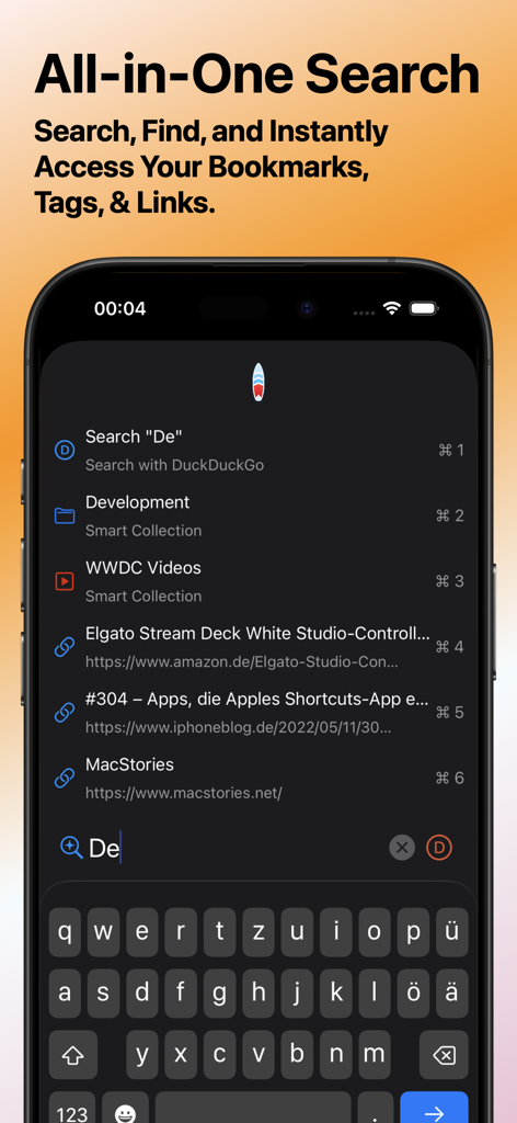 Surfed Pro Browser & Bookmark - iPhone screenshot showing the All-in-One Search feature in Surfed Pro with smart collections and bookmarked links
