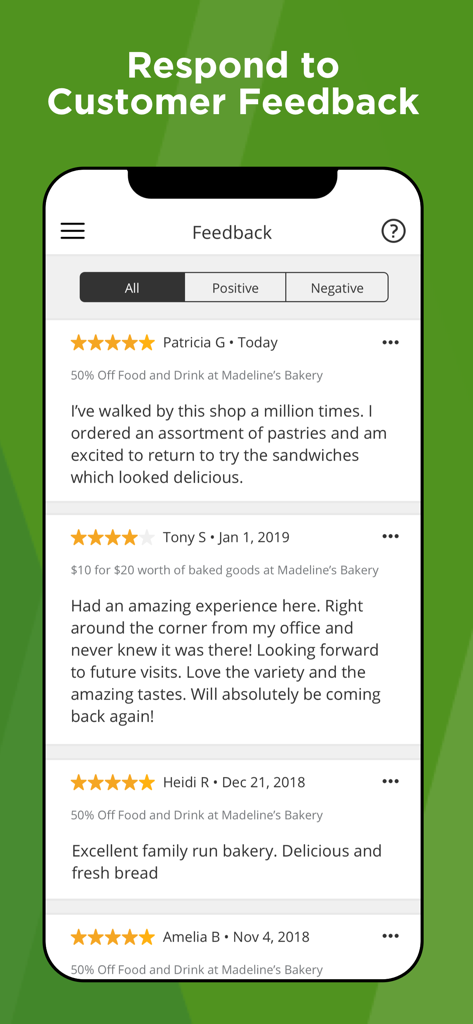 Groupon Merchant - Groupon Merchant app interface showing customer reviews and ratings for a business