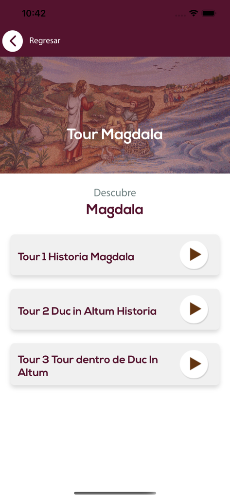 Magdala - Interfaz de la aplicación Magdala mostrando una lista de recorridos de video históricos y espirituales con botones de reproducción.