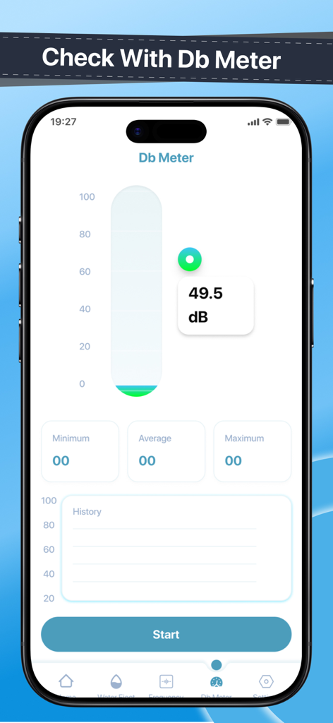Pantalla de iPhone mostrando la función de medidor de decibelios de la aplicación Speaker Cleaner mostrando una medición de 49,5 dB