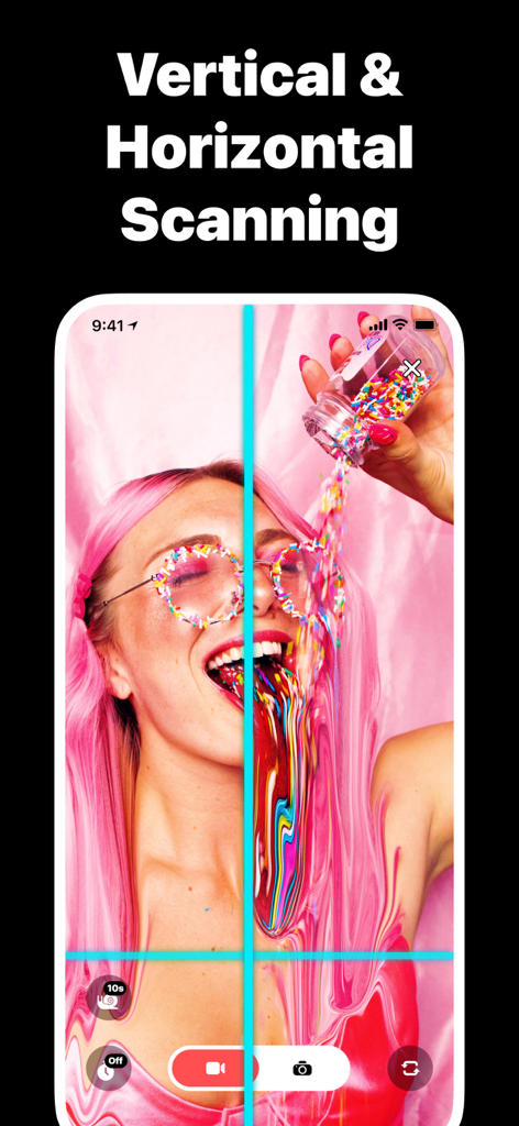 Time Warp Scan - Funny Face - Captura de tela de smartphone mostrando o aplicativo Time Warp Scan com o rosto de uma mulher distorcido por linhas de escaneamento azuis verticais e horizontais.