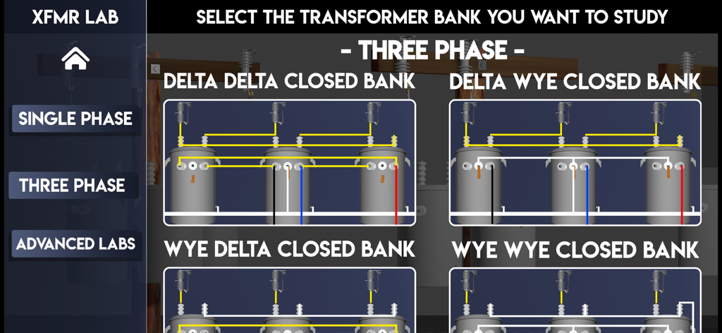 Menu for choosing three phase transformer bank wiring simulations