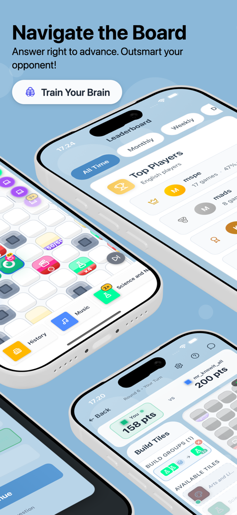 Trivia Duel: Quiz Battle - Screenshots of Trivia Duel Quiz Battle showing strategy board game play and leaderboard