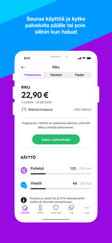 Minun Telia mobile app screen showing subscription usage details and monthly balance.
