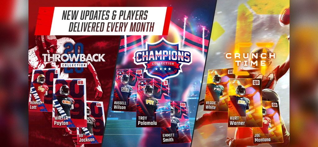 Franchise Football Pro GM mobile game showcasing Throwback and Champions player card collections