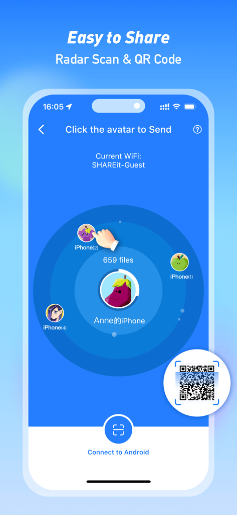 SHAREit app interface for easy file sharing using radar scan and QR code