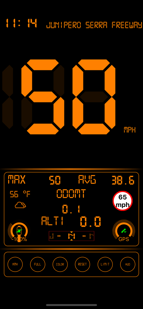 Speedometer .. - Interface of a digital speedometer app displaying current speed, road name, and speed limit information in orange digital text.