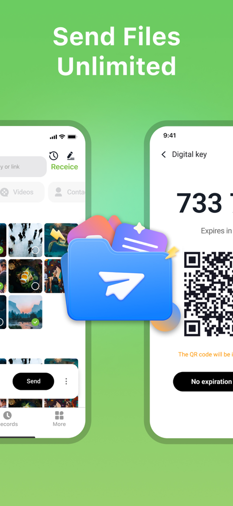 Tracover - File Transfer - Interfaccia dell'app Tracover che mostra la selezione di foto e un codice QR per il trasferimento illimitato di file