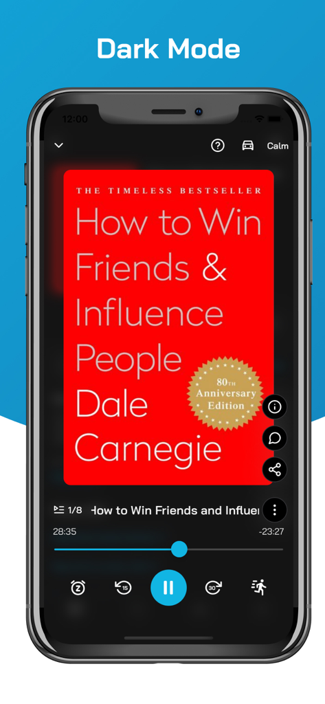 AudioAZ mobile app interface displaying an audiobook player in dark mode.