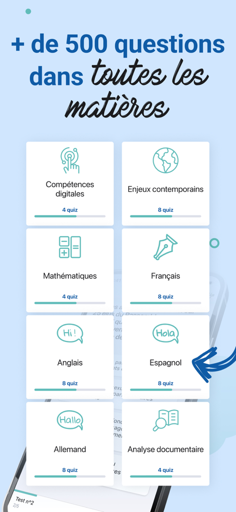 Prépa Concours Sésame - Liste des matières d'examen et des modules de quiz dans l'application Prepa Concours Sesame