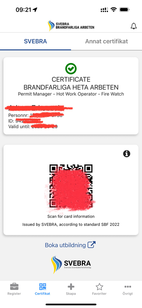Brandfarliga arbeten - A digital certificate for hot work operations within the Brandfarliga Arbeten mobile app featuring a QR code for verification