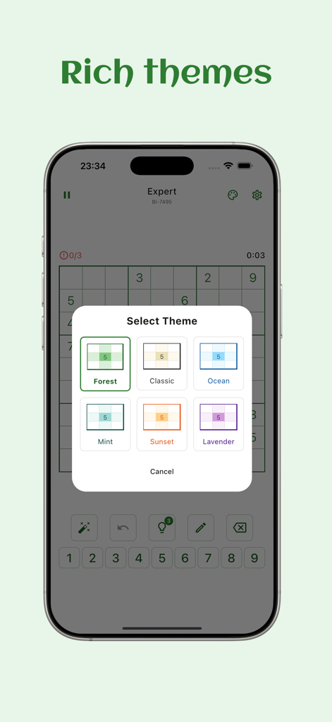 Sudoku Clean - No ads - Sudoku Clean app interface showing a variety of color themes including forest classic and ocean