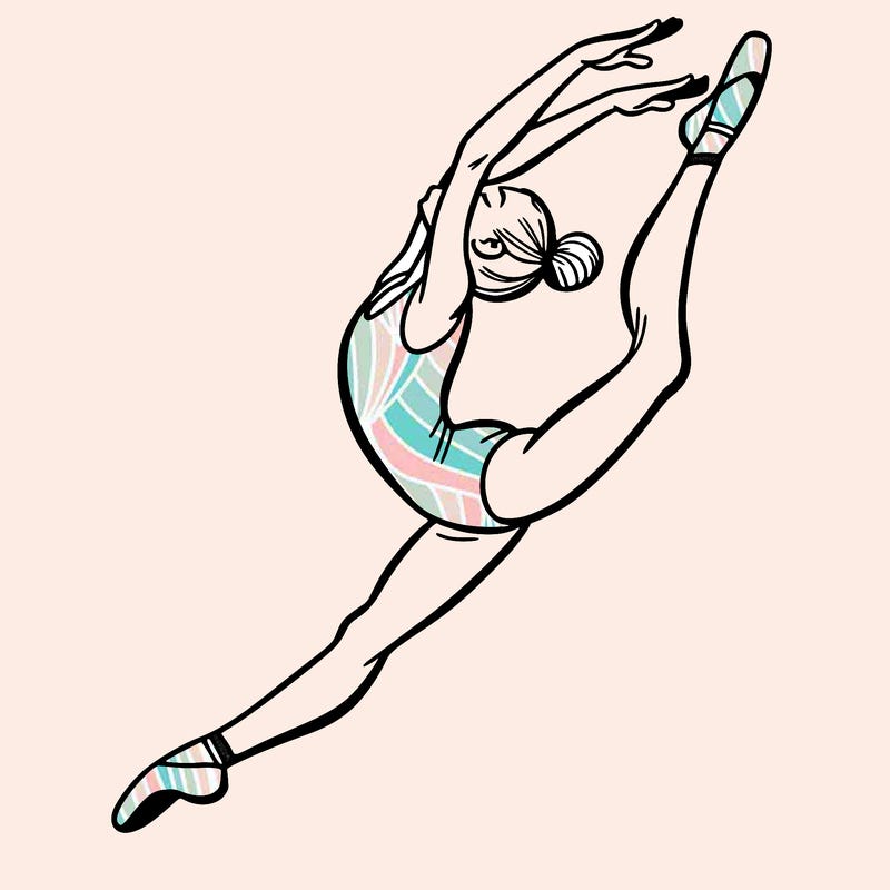 gymnast doing a leap in a leotard with a bent back leg