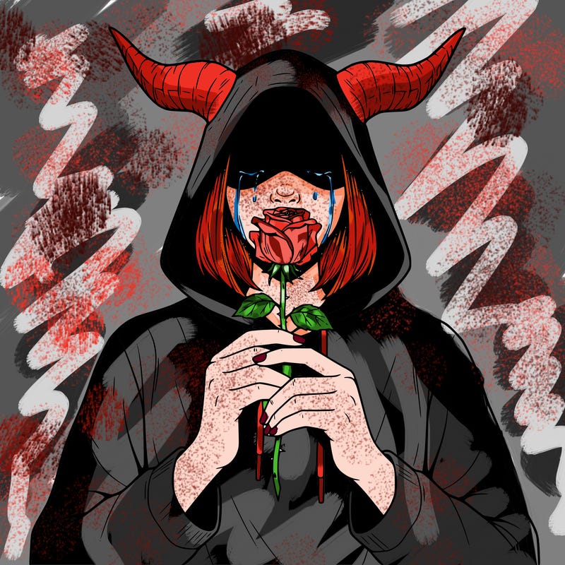 holding wilted rose in both hands no pupil in eyes 
teenage girl hood covering her eyes and crying horns on her head