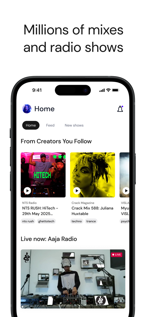 Mixcloud app interface showing curated DJ mixes and a live radio stream