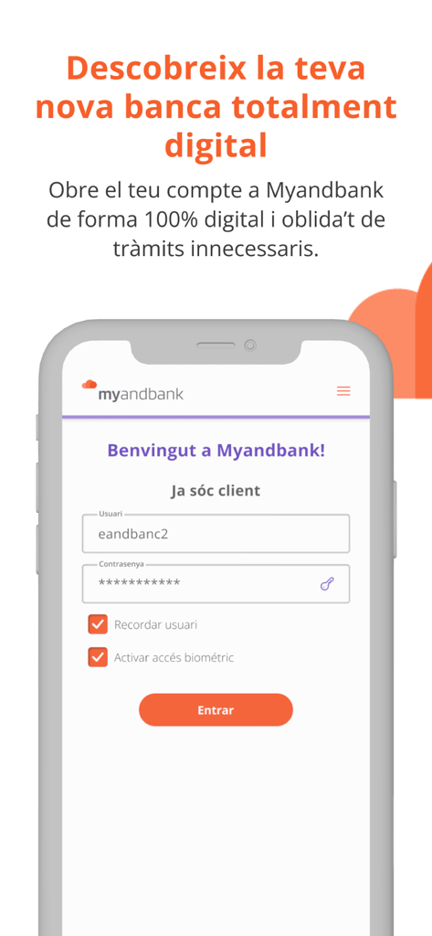 Myandbank - Pantalla de inicio de sesión de la app móvil de Myandbank con campos de nombre de usuario y contraseña y opciones de acceso biométrico