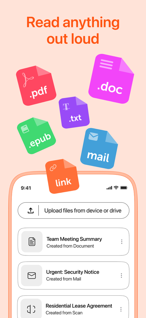 Listen AI app screen showing multiple supported document types like PDF DOC and EPUB to be read out loud