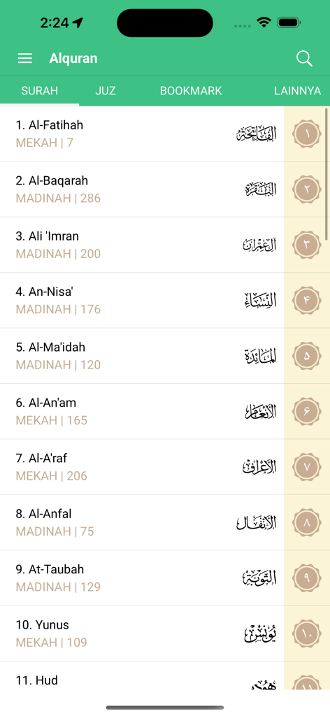 HijrahApp - Dakwah Sunnah - HijrahApp Al Quran interface showing a list of surahs including Al Fatihah and Al Baqarah