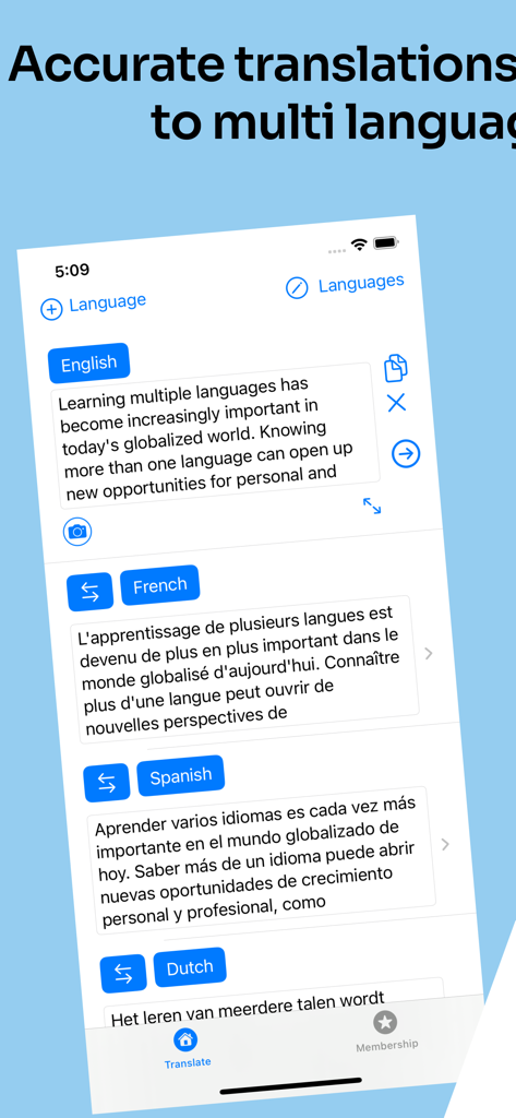 Deep Translate app screen showing simultaneous translations of English text into French Spanish and Dutch