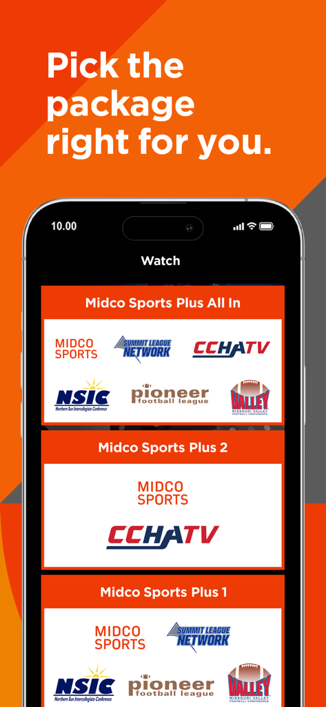 A mobile app screen displaying different subscription tiers and packages for Midco Sports Plus.