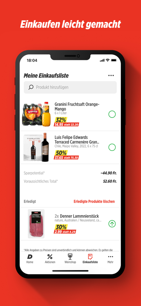 Denner – Aktionen und Weinshop - Denner app shopping list screen showing discounted products and calculated total savings