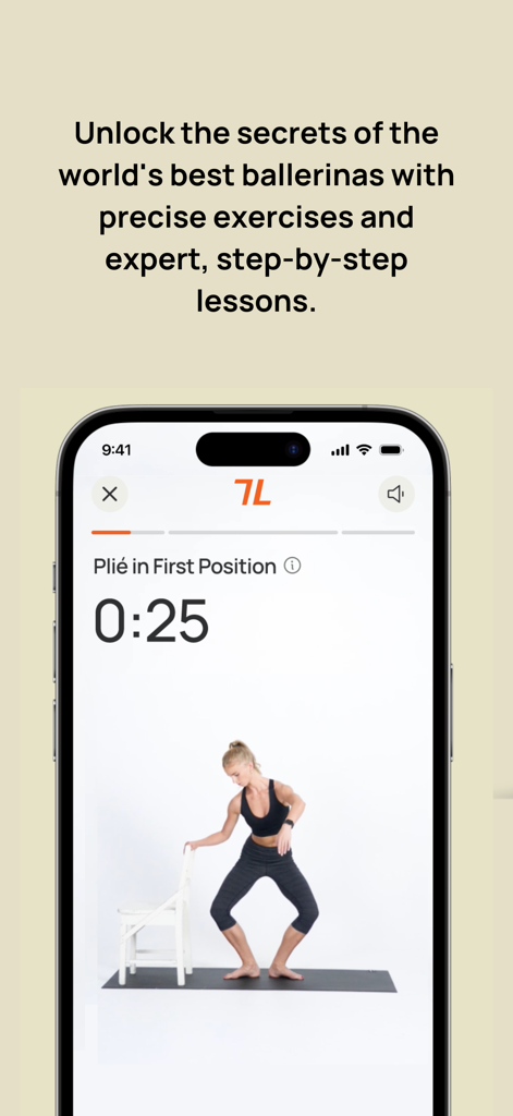 A woman performing a ballet plié exercise using a chair for balance on the TrainLikeBallerina app interface