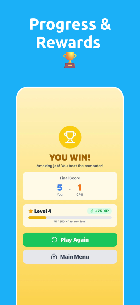 Victory screen showing final score and level progress rewards in the Tug of War Mathematics app
