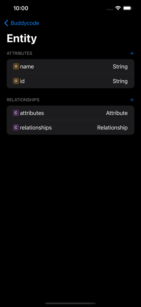 Pantalla móvil de la aplicación Data Modeler que muestra la configuración de atributos y relaciones de la entidad.