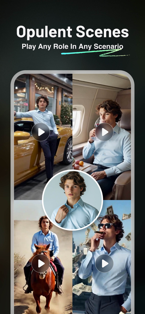 VioAI: Video & Image Maker - VioAIアプリインターフェース。高級なシナリオにいる男性が登場する、AI生成の豪華なライフスタイルシーンが表示されています。