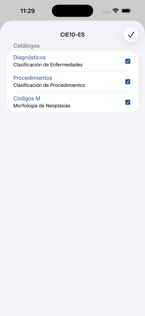 cie10-es - Selection screen for medical catalogs including diagnoses and procedures in the CIE10-ES app