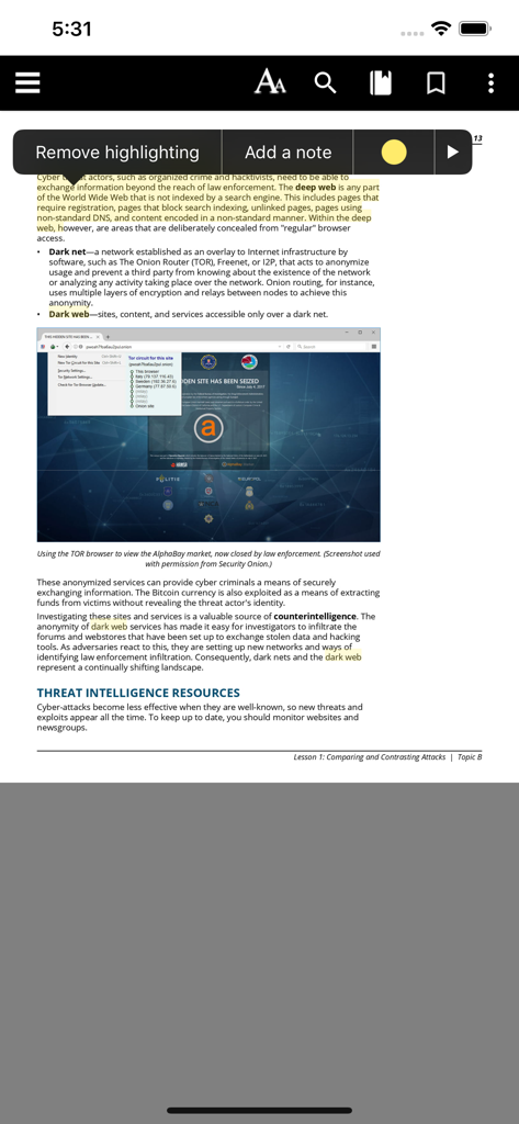 CompTIA eReader interface showing a study guide page about the dark web with text highlighting and note options