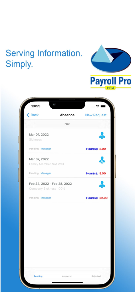 Payroll Pro HRM - Payroll Pro HRM mobile app showing a list of pending absence and sickness leave requests with status and hours