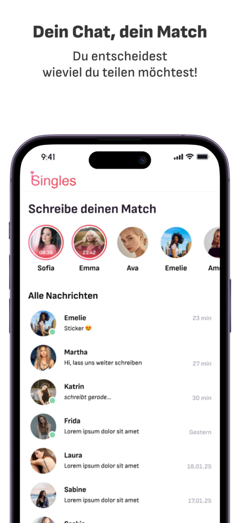 iSingles - Flirt. Date. Love. - Screenshot of the iSingles app chat screen showing a list of matches and recent conversations with profile pictures.