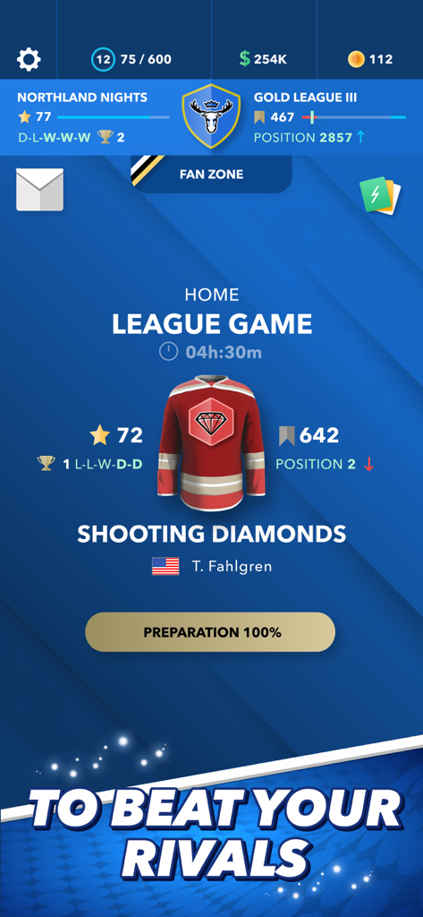 World Hockey Manager 2026 game screen showing preparation for a league match against a rival team