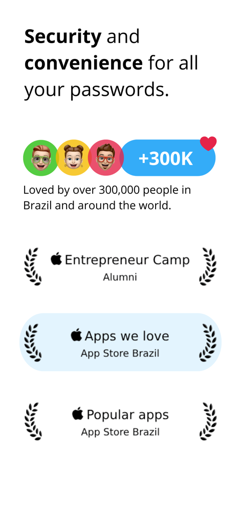 iSenhas - Password Manager - Insignias de confianza para iSenhas que muestran el estado de exalumno del Apple Entrepreneur Camp y más de 300.000 usuarios a nivel mundial