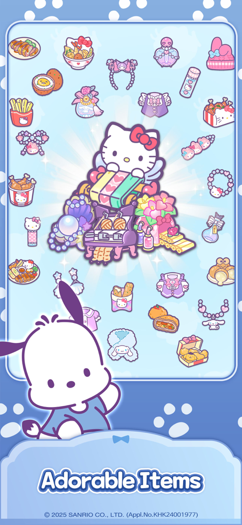 A collection of cute Sanrio characters and accessories from the Hello Kitty My Dream Store game
