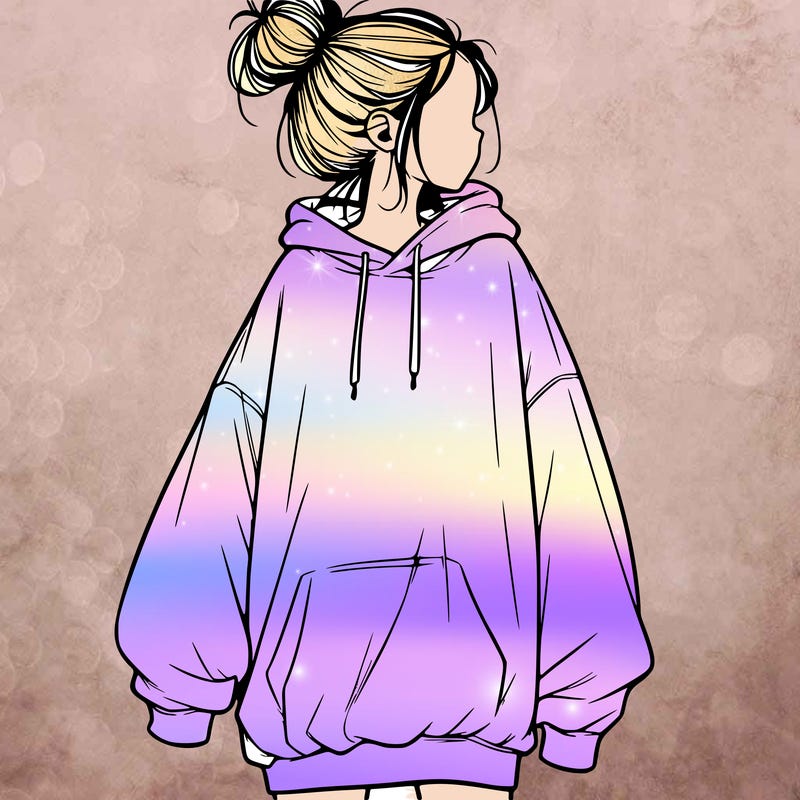 realistic girl with a oversized sweatshirt on and a bun
