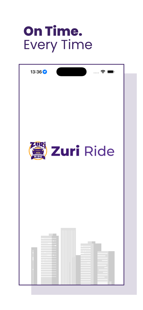 Zuri Ride app splash screen featuring the company logo and the slogan On Time Every Time