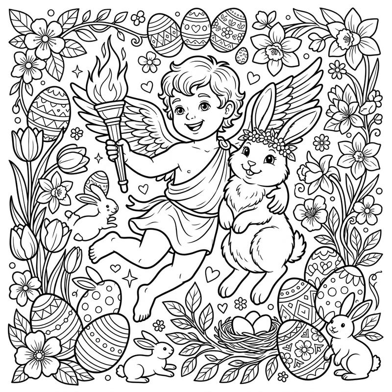 Join Cupid and his adorable bunny friend in this charming Easter coloring adventure. This delightful page is packed with spring blossoms and decorated eggs, perfect for bringing vibrant hues to your holiday.